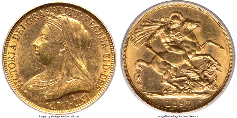 Victoria gold 2 Pounds 1893 MS62 PCGS, KM786, S-3873, Marsh-T35. A solid near-Ch...