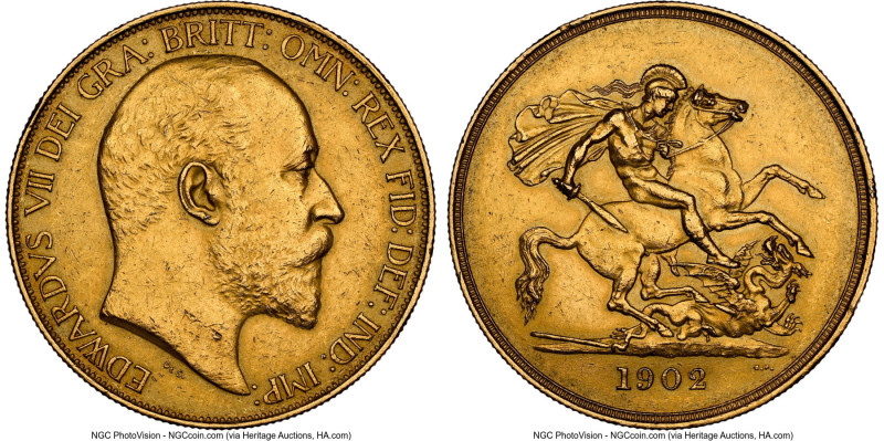 Edward VII gold 5 Pounds 1902 AU Details (Cleaned) NGC, KM807, S-3965, Marsh-F35...