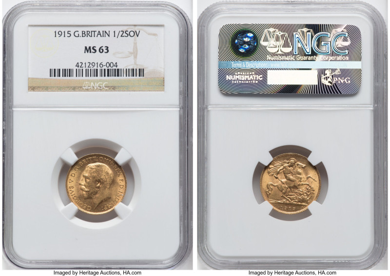 George V gold 1/2 Sovereign 1915 MS63 NGC, KM819, Fr-405. Beautiful bronze-gold ...