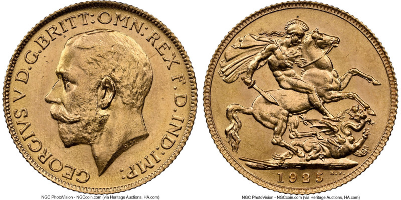 George V gold Sovereign 1925 MS66 NGC, KM820, S-3996. Fully satin, champagne sur...