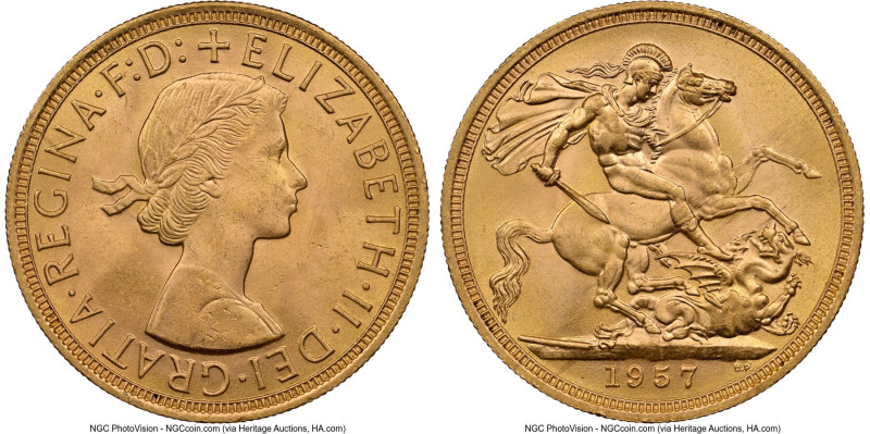 Elizabeth II gold Sovereign 1957 MS63 NGC, KM908, S-4124. HID09801242017 © 2024 ...