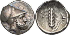 LUCANIE, METAPONTE, AR statère, vers 330 av. J.-C. D/ T. de Leucippe barbu à d., coiffé du casque corinthien. Derrière la tête, un chien assis à g. De...