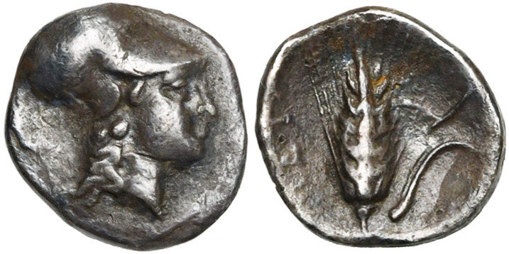 LUCANIE, METAPONTE, AR diobole, 325-275 av. J.-C. D/ T. casquée d'Athéna à d. R/...