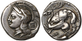 LUCANIE, VELIA, AR didrachme, 290-275 av. J.-C. D/ T. casquée d'Athéna à g., le casque orné d'un Pégase. Au-dessus de la visière, A. Sur le protège-nu...