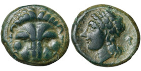 BRUTTIUM, RHEGION, AE bronze, 351-280 av. J.-C. D/ Mufle de lion de f. R/ PHΓINΩN T. l. d'Apollon à g. Derrière, grappe de raisin. SNG ANS 690. 7,65 g...