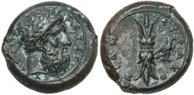SICILE, SYRACUSE, AE bronze, 367-344 av. J.-C. D/ T. l. de Zeus à d. R/ ΣYPAKOΣΙΩN Foudre. A d., aigle à d. SNG ANS 477. 13,81 g. Taches de vert-de-gr...