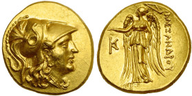ROYAUME DE MACEDOINE, Alexandre III le Grand (336-323), AV statère, 250-225 av. J.-C., Callatis. D/ T. casquée d'Athéna à d. R/ ΑΛΕΞΑΝΔPOY Niké deb. à...