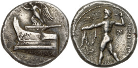 ROYAUME DE MACEDOINE, Démétrios Poliorcète (306-283), AR tétradrachme, vers 300-295 av. J.-C., Salamis. D/ Niké deb. à g. sur une proue, sonnant de la...