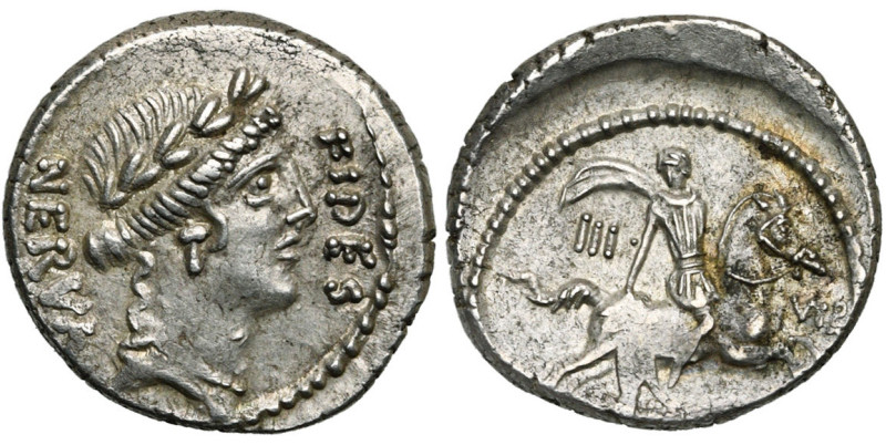 A. Licinius Nerva, AR denier, 47 av. J.-C., Rome. D/ T. l. de Fides à d. A g., N...