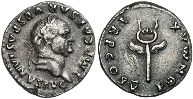 VESPASIEN (69-79), AR denier, 74, Rome. D/ IMP CAESAR VESPASIANVS AVG T. l. à d....