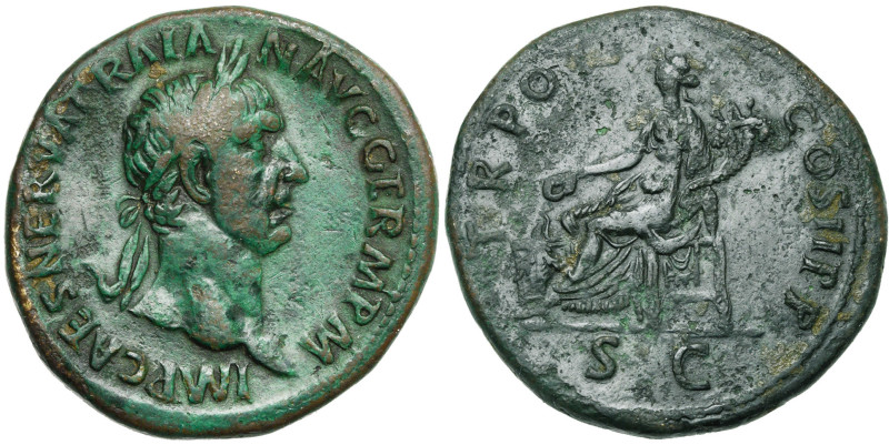 TRAJAN (98-117), AE sesterce, 98-99, Rome. D/ IMP CAES NERVA TRAIAN AVG GERM P M...