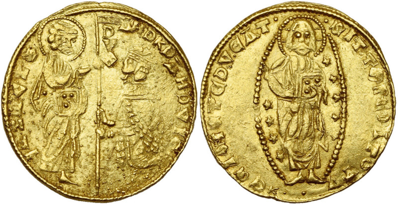 ducat. Imitation du ducat vénitien d'Andrea Dandolo (1344-1354). D/ Le doge agen...