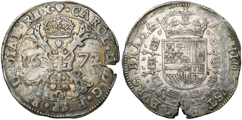 BRABANT, Duché, Charles II (1665-1700), AR patagon, 1672, Bruxelles. D/ Croix de...