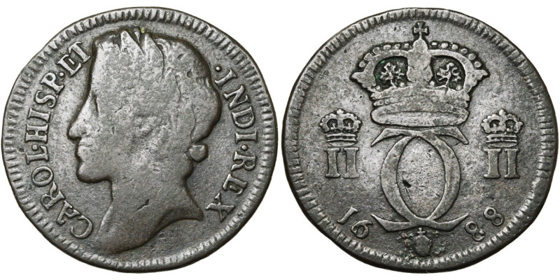 BRABANT, Duché, Charles II (1665-1700), Cu liard, 1688, Bruxelles. Nouveau type....