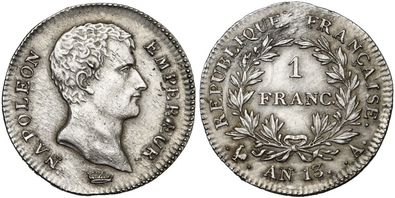 FRANCE, Napoléon Ier (1804-1814), AR 1 franc, an 13 A, Paris. Gad. 443. Nettoyé....