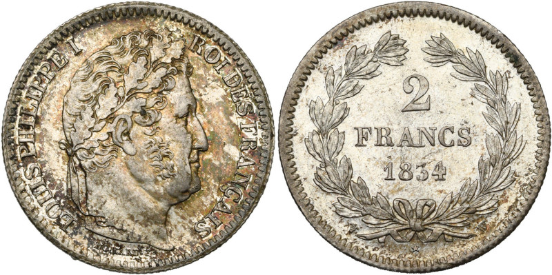 FRANCE, Louis-Philippe (1830-1848), AR 2 francs, 1834 W, Lille. Gad. 520. Patine...