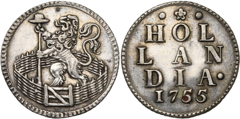 NEDERLAND, HOLLAND, Provincie, duit, 1755. Zilveren afslag. Vz/ Klimmende leeuw ...