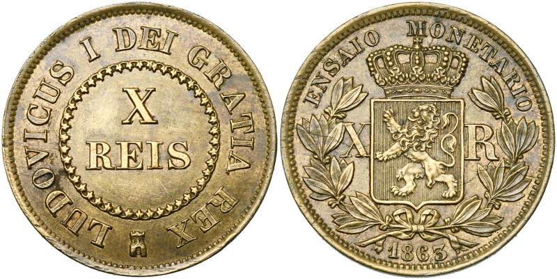 PORTUGAL, Luis Ier (1861-1889), cu 10 reis, 1863, Bruxelles. Essai en cuivre jau...