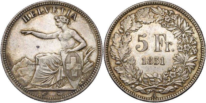 SUISSE, Confédération helvétique, AR 5 francs, 1851 A, Paris. Divo 12; Dav. 376....