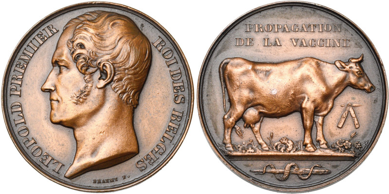 BELGIQUE, AE médaille, s.d., Braemt. Propagation de la vaccine. D/ T. nue de Léo...