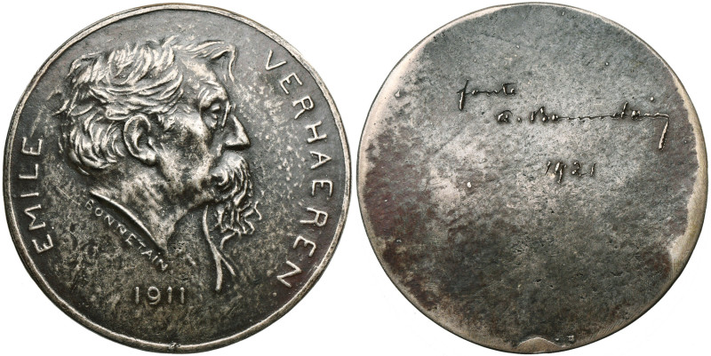 BELGIQUE, médaille, 1911, A. Bonnetain. Emile Verhaeren. D/ T. à d. R/ En trois ...