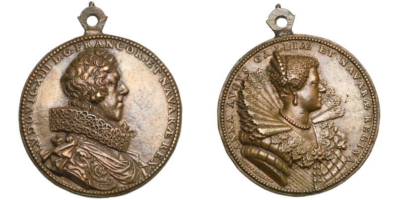 FRANCE, AE médaille, 1620, G. Dupré. Louis XIII et Anne d'Autriche. D/ B. dr. et...