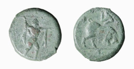 LUCANIA - POSEIDONIA (circa 350-290 a.C.) SESTANTE gr. 5,3 - D/Poseidone a figura intera andante a d. brandendo il tridente R/Toro cozzante a d. con s...