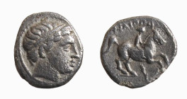MACEDONIA - AMPHIPOLIS - FILIPPO III (323-317 a.C.) 1/5 DI TETRADRAMMA gr.2,3 - D/Testa di Apollo a d. R/Cavaliere a d. con sotto una spiga, sopra ΦIΛ...