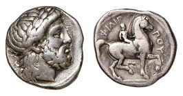 MACEDONIA - PELLA - FILIPPO II (359-336 a.C.) TETRADRAMMA gr.14,2 - D/Testa laureata di Zeus a d. R/Giovane a cavallo a d. tiene una palma con sotto u...