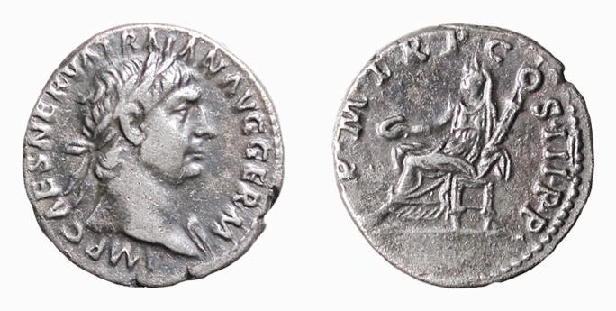 TRAIANO (98-117) DENARIO - D/Busto laureato a d. con drappeggio sulla spalla s. ...