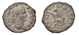 CARACALLA (198-217) DENARIO - D/Testa imberbe laureata a d. ANTONINVS PIVS AVG R/La Securitè seduta a s. con scettro PONTIF TR P X COS II - Ar - C.434...
