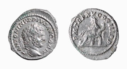 CARACALLA (196-217) DENARIO - D/Testa laureata a s. ANTONINVS PIVS AVG BRIT R/L'Annona seduta a s. mentre tiene una cornucopia e delle spighe sopra un...