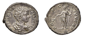 GETA (209-212) DENARIO - D/Busto drappeggiato a d. a testa nuda P SEPT GETA CAES PONT R/Geta stante con in abiti militari tiene ramo e lancia rovescia...