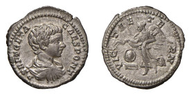 GETA (209-212) DENARIO - D/Busto drappeggiato a d. a testa nuda P SEPT GETA CAES PONT R/La Vittoria a s. tiene un nastro, in basso uno scudo VIC TAE T...