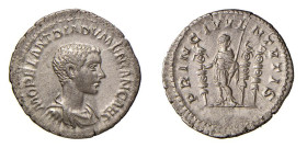 DIADUMENIANO (217-218) DENARIO - D/Busto drappeggiato a testa nuda a d. M OPEL ANT DIADVMENIAN CAES R/Diadumeniano stante a s. con abiti militari tien...