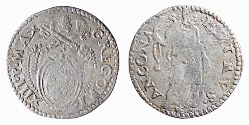 ANCONA - GREGORIO XIII (1572-1585) TESTONE - D/Stemma sormontato da triregno e c...