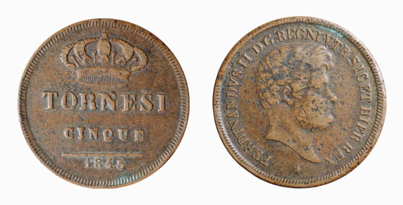 NAPOLI - FERDINANDO II (1830-1859) 5 TORNESI 1845 - D/Testa nuda del re a d. R/I...