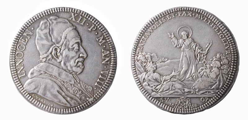 ROMA - INNOCENZO XII (1691-1700) PIASTRA ANNO VIII 1698 - D/Busto a d. con camau...