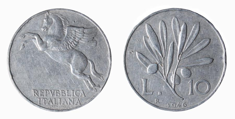 REPUBBLICA ITALIANA - LIRE 10 - Anno 1946 - D/Pegaso a s. R/Ramo d'olivo con sot...