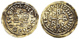 Egica and Witiza (698-702). Tremissis. Córdoba. (R. Pliego-731k). (Miles-473a). Anv.: + INDINMNEEGICΛP+. Facing busts with a scepter topped by a cross...