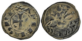 Kingdom of Castille and Leon. Alfonso VIII (1158-1214). Dinero. Toledo. (Bautista-265). Anv.: ANFVS REX, crescent in the 3rd quadrant. Rev.: TOLE, bet...