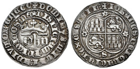 Kingdom of Castille and Leon. Juan I (1379-1390). 1 real. Sevilla. (Bautista-799). Anv.: ✚ DOMINVS : MICHI : AD : IVTOR: ED EGO / ✤ DISPICIAM : INIMIC...