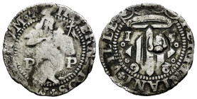 Philip III (1598-1621). Double sou. 1598. Perpignan. (Cal-51). (Cru C.G-3806a). Ag. 3,05 g. Countermark: head of San Juan, made in 1603. Almost VF. Es...