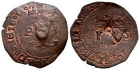 Philip III (1598-1621). 2 maravedis. (Cal-83). Anv.: Y crowned between F-IIII, only value is surpassed by roundel. Rev.: I-I crowned between Ϩ-P. Ae. ...