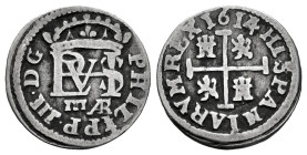 Philip III (1598-1621). 1/2 real. 1614/3. Segovia. AR. (Cal-425). (Cal 2008-570, Mismo ejemplar). (Jarabo-Sanahuja-B337). Ag. 1,38 g. Overdate. Scarce...