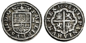 Philip III (1598-1621). 1 real. 1608. Segovia. C. (Cal-517). (Jarabo-Sanahuja-B316). Ag. 3,34 g. Patina. Scarce. Choice VF. Est...200,00. 

Spanish ...