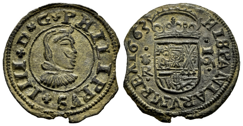 Philip IV (1621-1665). 16 maravedis. 1663. Coruña. R. (Cal-453). Ae. 4,01 g. Alm...