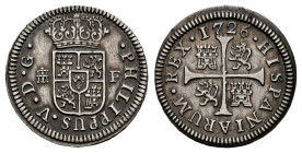 Philip V (1700-1746). 1/2 real. 1726. Segovia. F. (Cal-331). Ag. 1,44 g. Lightly toned. Minor marks on reverse. Scarce in this grade. Almost XF. Est.....