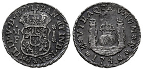 Philip V (1700-1746). 1 real. 1740. Mexico. MF. (Cal-516). Ag. 3,22 g. Dark patina. Minor oxidations. Knock on reverse. Scarce. Choice VF. Est...100,0...