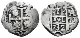 Philip V (1700-1746). 1 real. 1732. Potosi. YA. (Cal-589). Ag. 2,68 g. Double date. Scarce. Ex UBS (1/03/2007), lot 193. VF/Choice VF. Est...200,00. ...